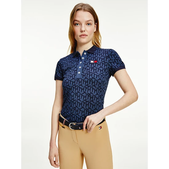 Tommy Hilfiger karcsúsított, galléros nyakú női póló monogram mintával