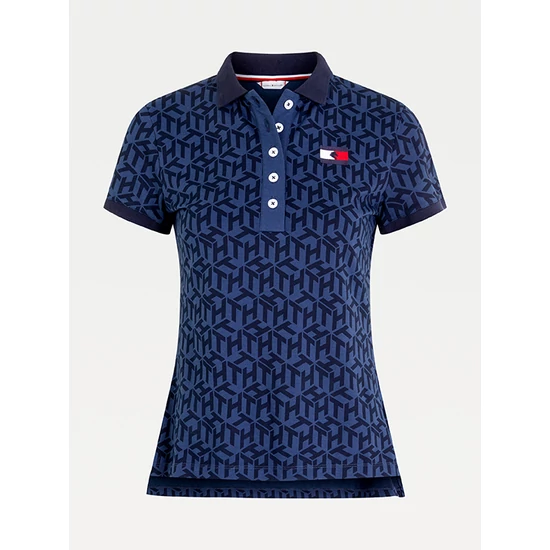 Tommy Hilfiger karcsúsított, galléros nyakú női póló monogram mintával